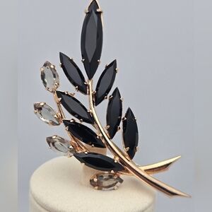 Leaf Brooch with Black Gray Rhinestones Mid-Century Modern Gold-Tone Pin